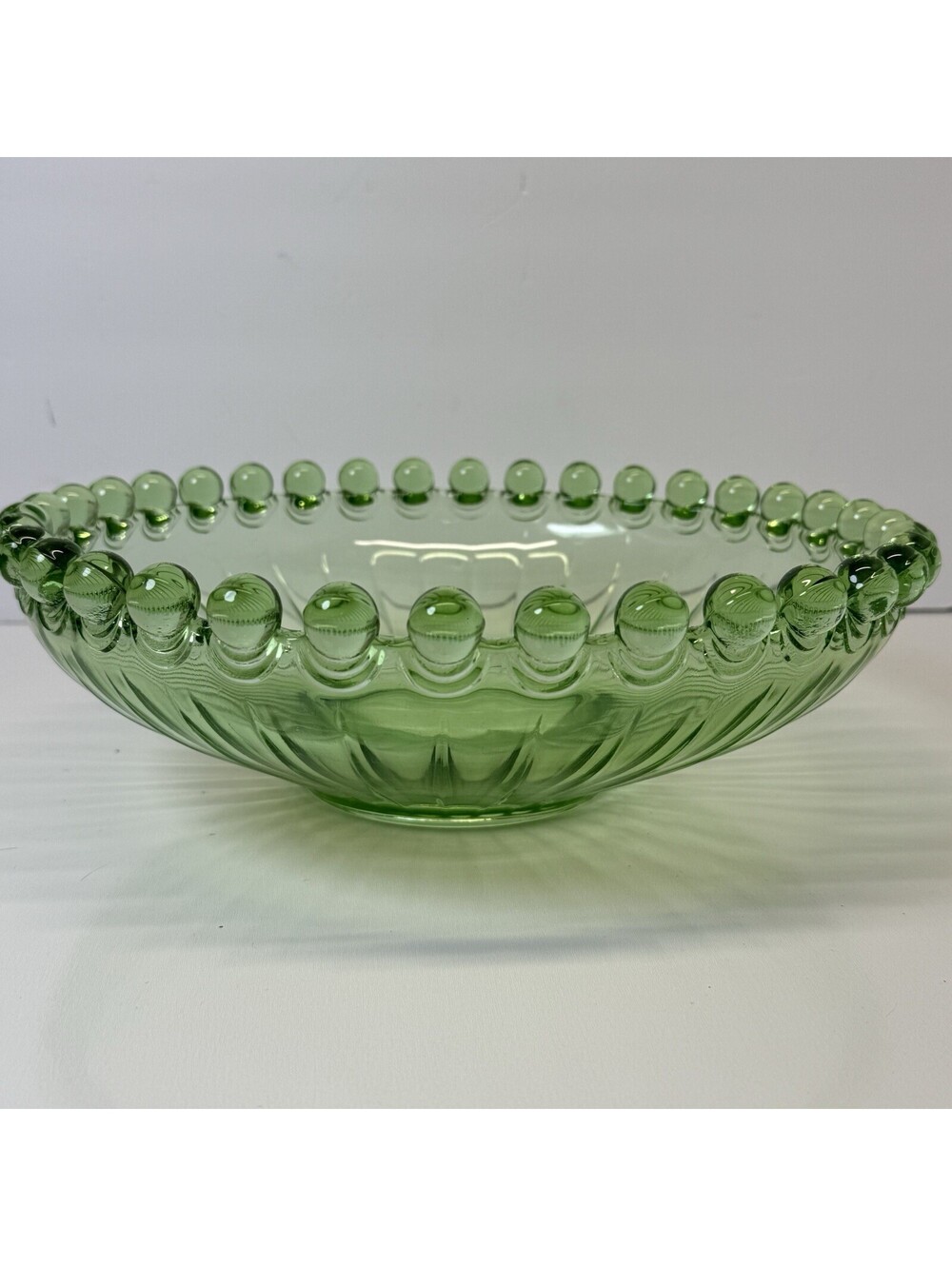 Vintage Phosphorescent Glass Bowl Green Antique Bubble Rim Large Plate Round